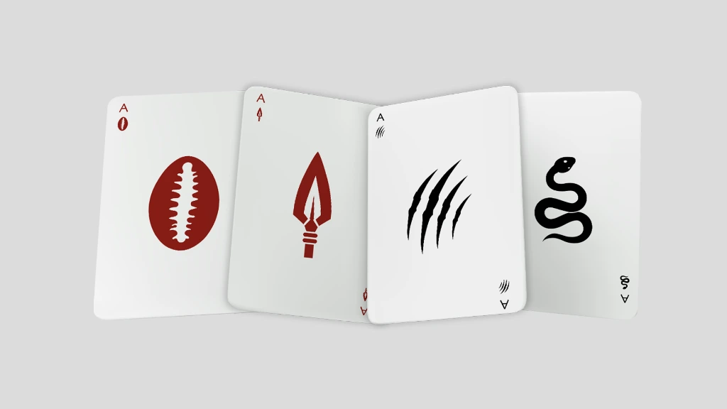 Les 4 As du jeu de cartes AFRIA : Cauris, Sagaie, Griffes et Serpent